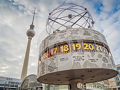 Berlinâ€™s Alexanderplatz, Weltzeituhr World Time Clock, and T Editorial Stock Photo